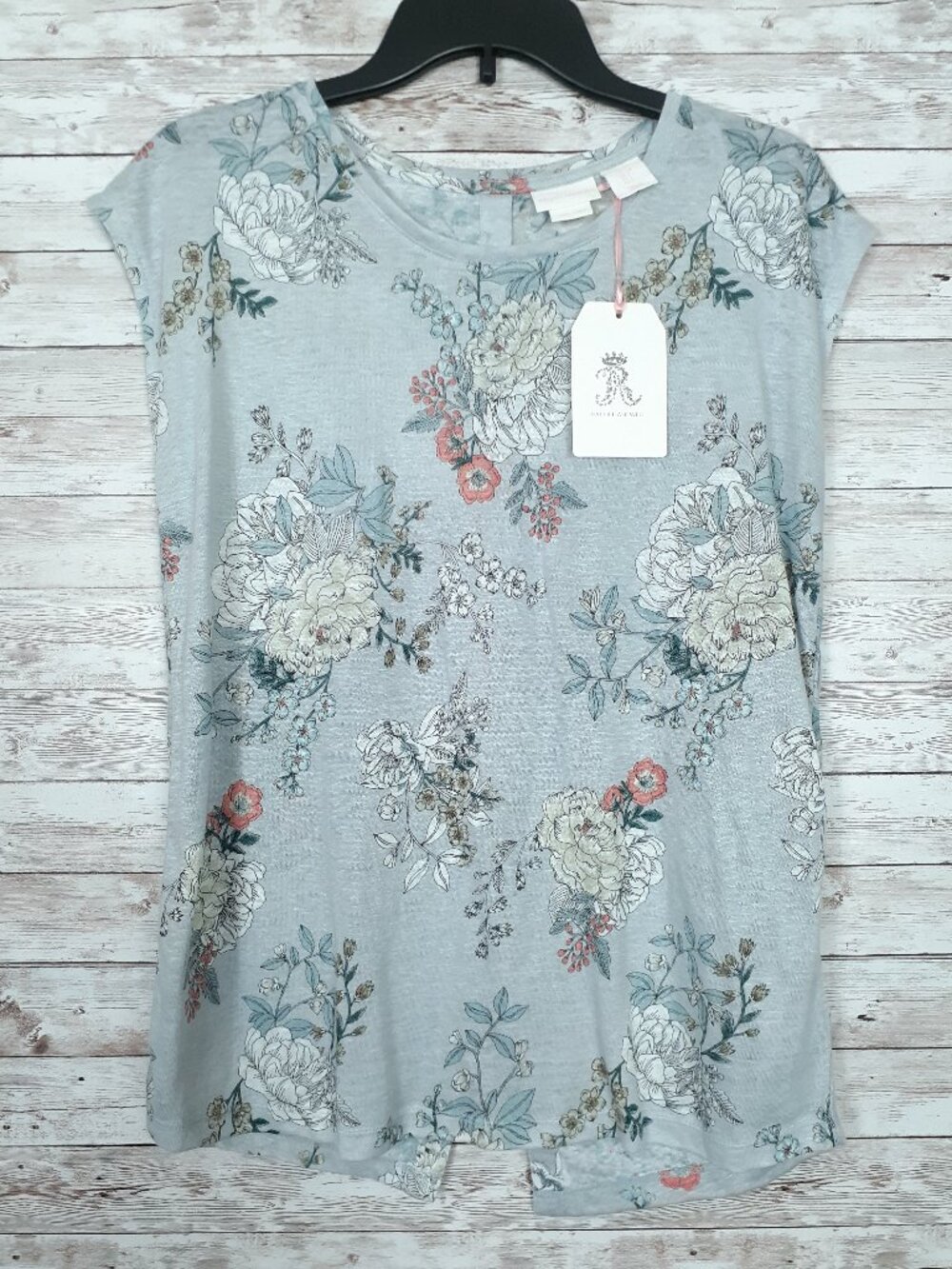 Rachel Ashwell Linen Top S Sleeveless Floral Back Button Gray 881A
